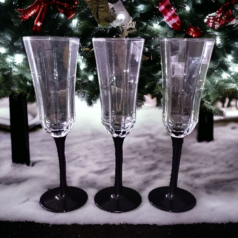 3 Luminarc Arcoroc Octime Domino Champagne Flutes Glasses France Set Black Stem.